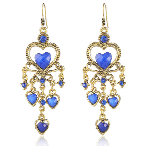 Gold Tone Drop Heart Blue Earrings E122