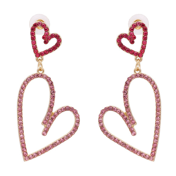 Gold Tone Pink Large Hollow Diamante Heart Earrings E129