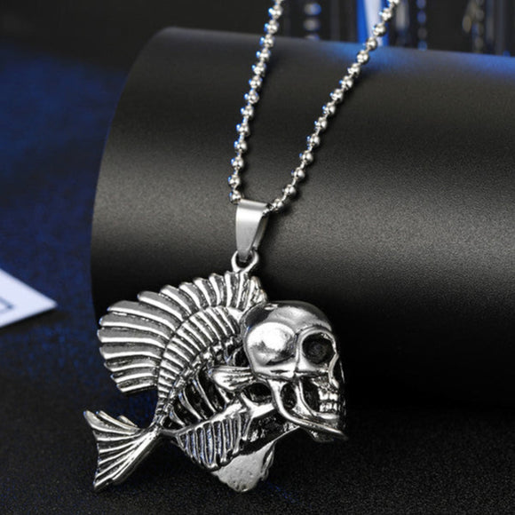 Silver Tone Skeleton Fish Pendant Necklace N65