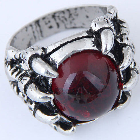 Silver Antique Tone Large Red Claw Eye Ring R13