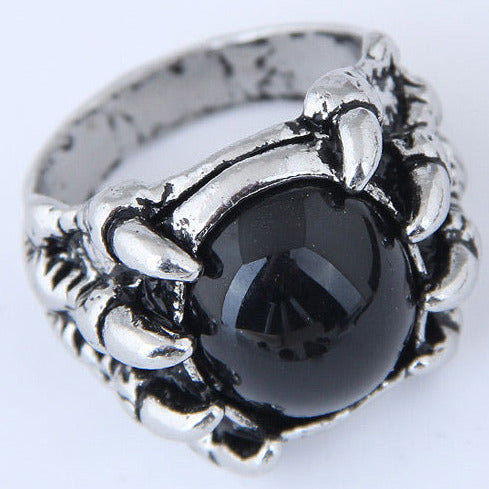 Silver Antique Tone Large Black Claw Eye Ring R13
