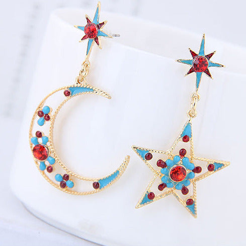 Gold Tone Diamante Colour Star & Moon Earrings E48
