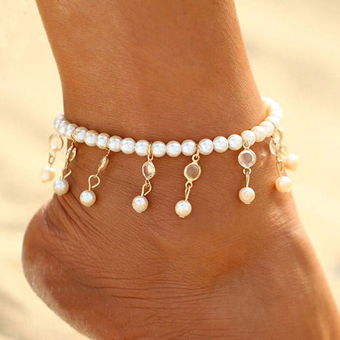 White Faux Pearl/Gold Tone Clear Drop Anklet A6