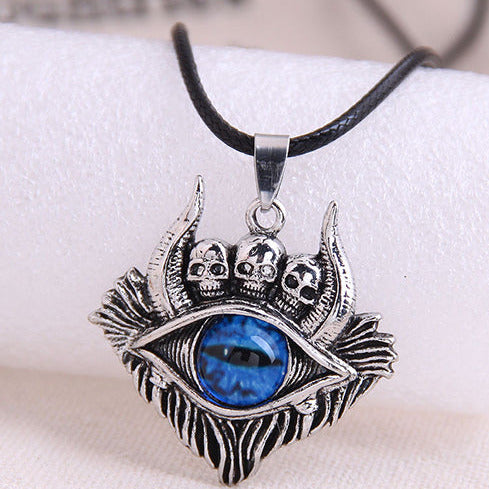 Silver Vintage Tone Skulls & Blue Eye Pendant Necklace N10