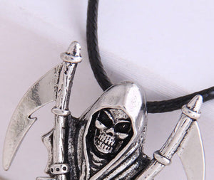 Silver Antique Tone Grim Reaper On Cord Necklace N55