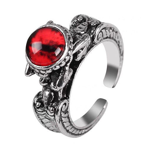 Silver Vintage Tone Red Demon Eye Adjustable Ring R30