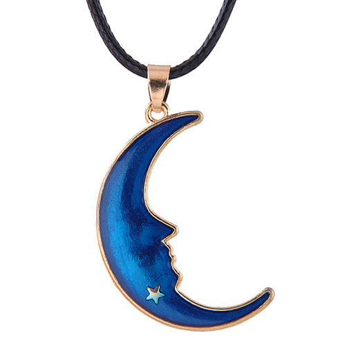 Gold Tone Blue Man In The Moon Cord Necklace N14