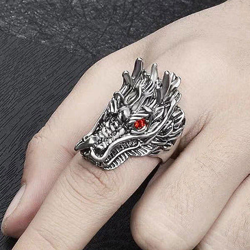 Silver Tone Large Red Eye Dragon Face Size P Ring R29