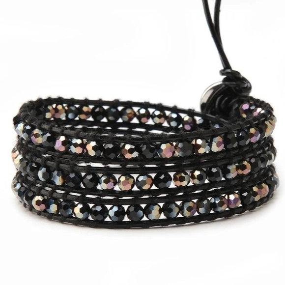 Victoria Emerson Handmade Dark Mixed Crystals Black Leather Wrap Bracelet