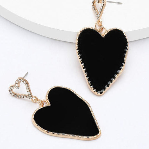 Gold Tone Black Double Heart Diamante Earrings E123
