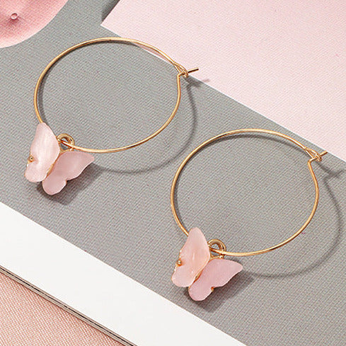 Gold Tone Delicate Hoop & Pale Pink Butterfly Earrings E20