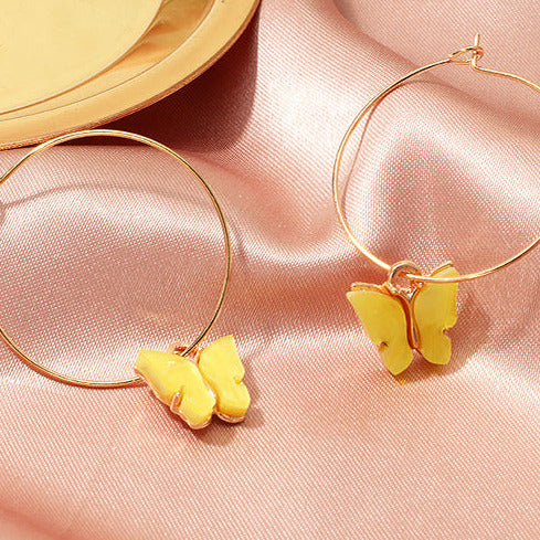 Gold Tone Delicate Hoop & Lemon Butterfly Earrings E20
