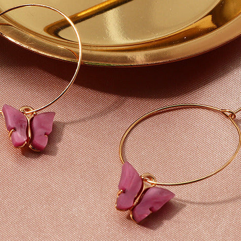 Gold Tone Delicate Hoop & Deep Pink Butterfly Earrings E20
