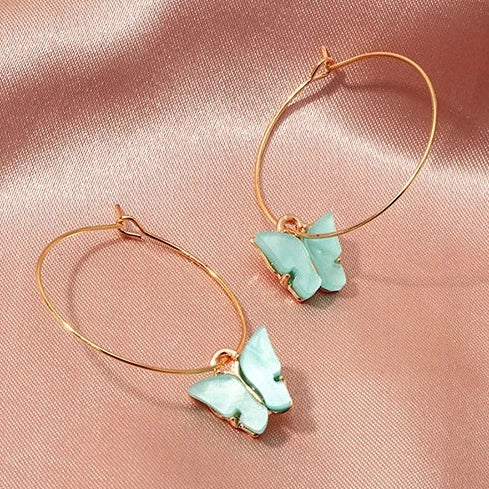 Gold Tone Delicate Hoop & Pale Blue Butterfly Earrings E20