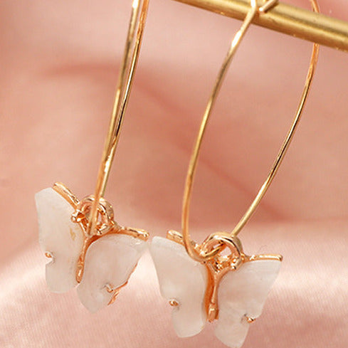 Gold Tone Delicate Hoop & White Butterfly Earrings E20