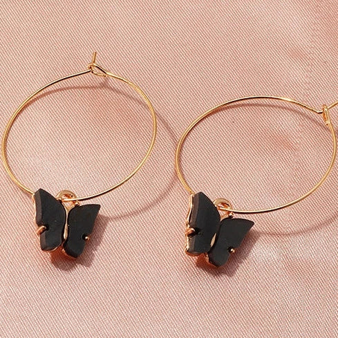 Gold Tone Delicate Hoop & Black Butterfly Earrings E20