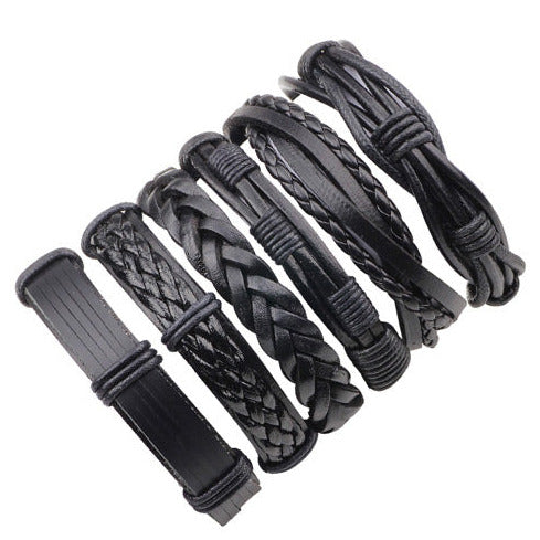 Set of 6 Leather Unisex Black Bracelets B1