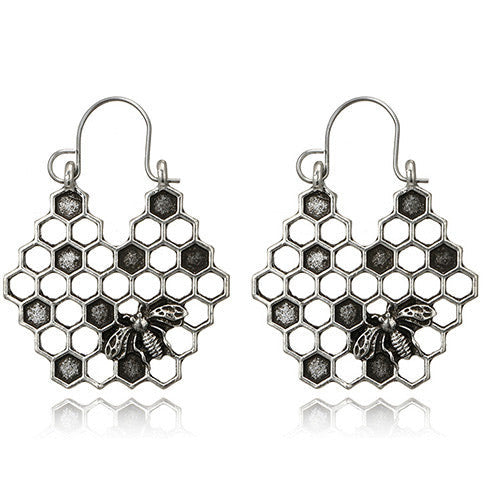 Silver Or GoldTone Bee in Homeycomb Earrings E163