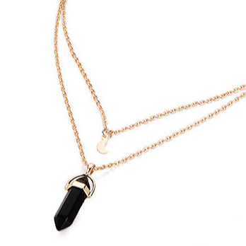 Gold Tone Double Layer Necklace & Black Onyx Crystal Pendant N77