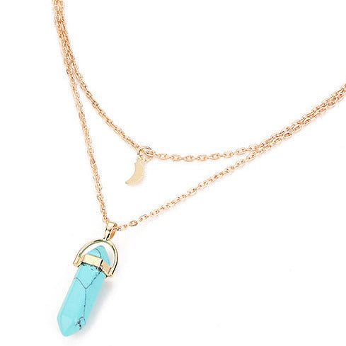 Gold Tone Double Layer Necklace & Blue Howlite Crystal Pendant N73