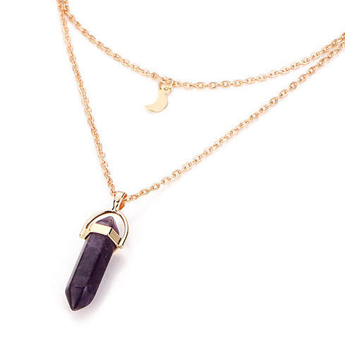 Gold Tone Double Layer Necklace & Amethyst Crystal Pendant N75