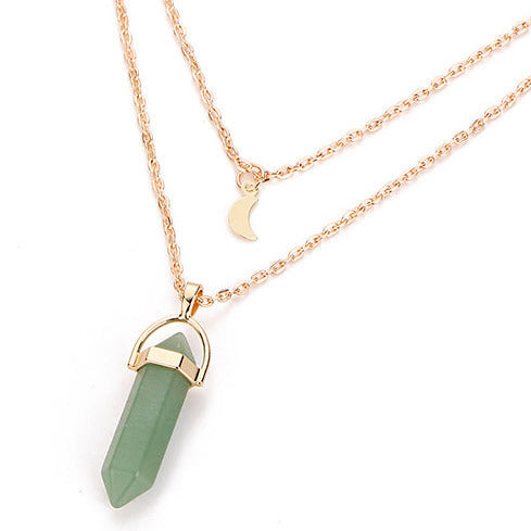 Gold Tone Double Layer Necklace & Aventurine Crystal Pendant N74