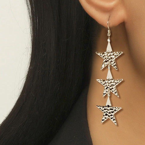 Silver Tone Triple Star Drop Large Earrings E134