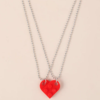 Silver Tone Double Friendship Red Heart Lego Necklaces N27