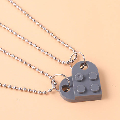 Silver Tone Double Friendship Grey Heart Lego Necklaces N27