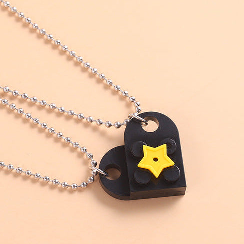 Silver Tone Double Friendship Black/Yellow Heart Lego Necklaces N27