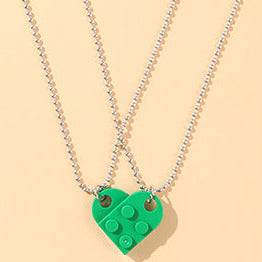 Silver Tone Double Friendship Green Heart Lego Necklaces N27