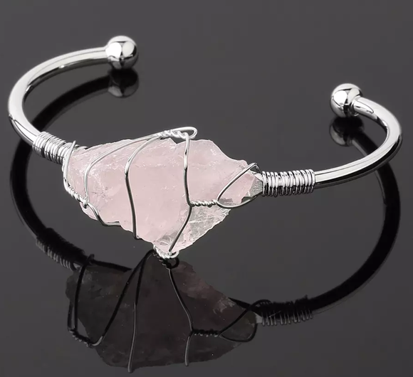 Silver Tone Bangle Cuff Wire Wrapped Rose Quartz Bracelet - Boxed B29