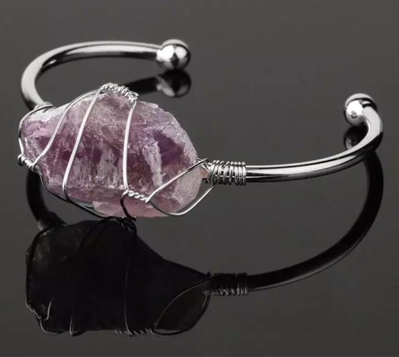 Silver Tone Bangle Cuff Wire Wrapped Amethyst Bracelet - Boxed B29
