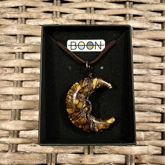 Copper Tiger Eye Crystal Crescent Moon Necklace Boxed N117