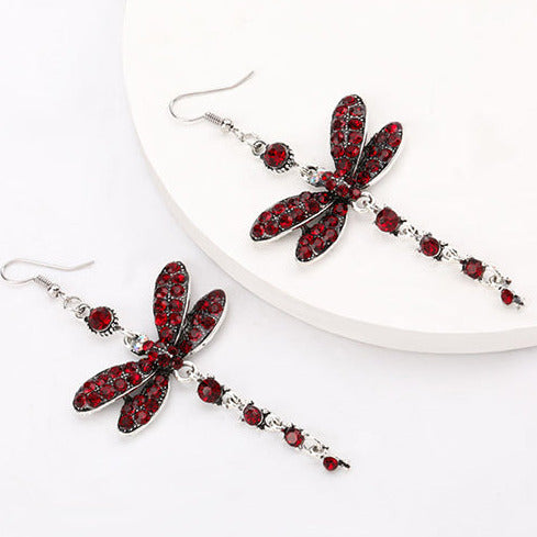 Silver Tone Diamante Deep Red Long Dragonfly Earrings E33