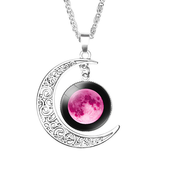 Silver Tone Time Treasure Pink Moon Necklace N54