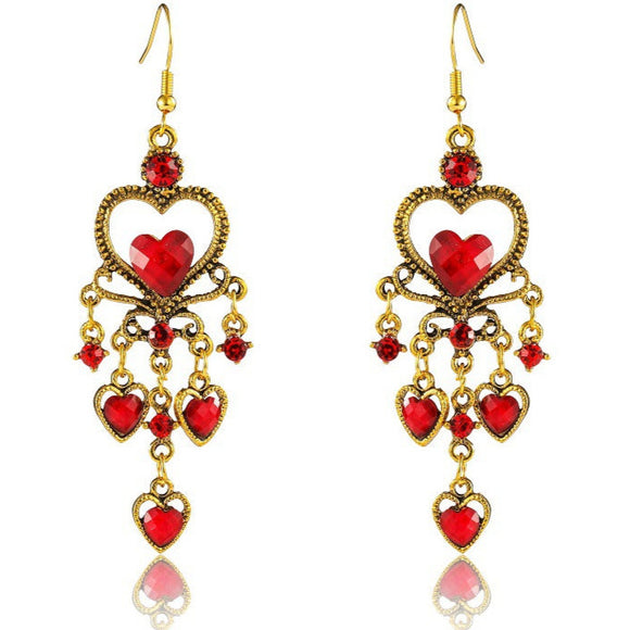 Gold Tone Drop Heart Red Earrings E122