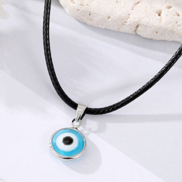 Lagoon Blue Small Evil Eye On Leather Thong Necklace N53