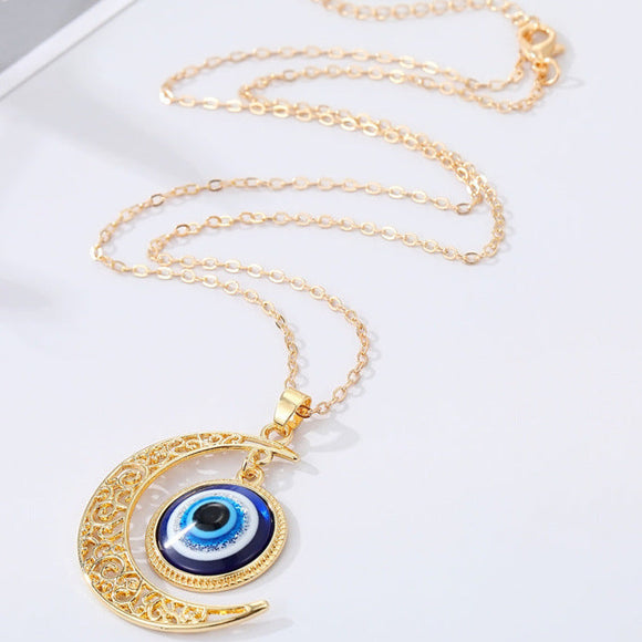 Gold Tone Moon & Evil Eye Pendant Necklace N67