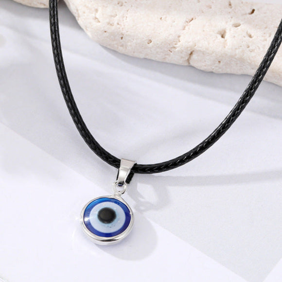 Dark Blue Small Evil Eye On Leather Thong Necklace N52