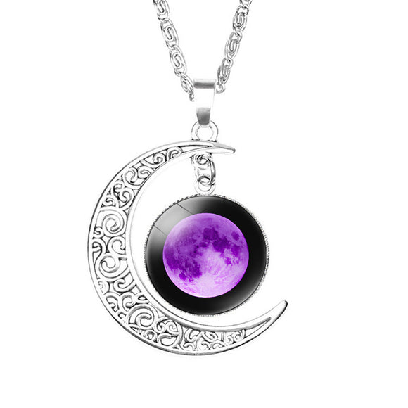 Silver Tone Time Treasure Purple Moon Necklace N54