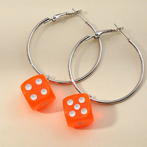 Silver Tone Hoop & Orange Dice Earrings E59