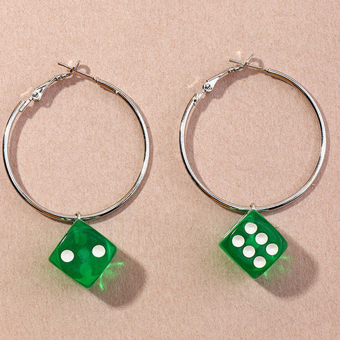 Silver Tone Hoop &  Green Dice Earrings E59