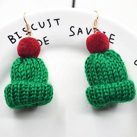 Green Knitted Wool Hat Earrings E178