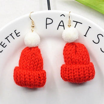 Red Knitted Wool Hat Earrings E177