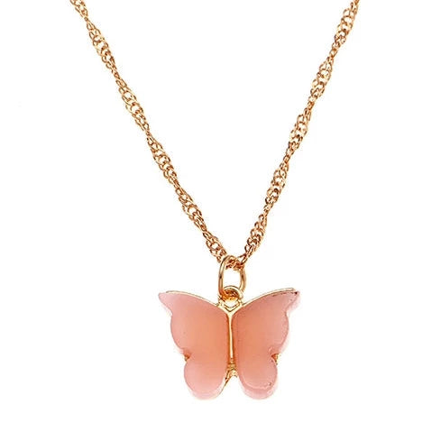 Gold Tone Pink Butterfly Necklace N3