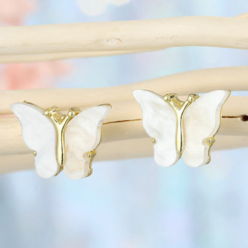 Gold Tone White Stone Butterfly Earring Studs E114