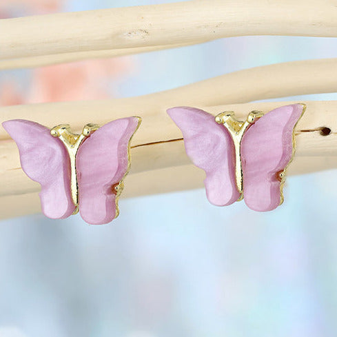 Gold Tone Dark Pink Stone Butterfly Earring Studs E114