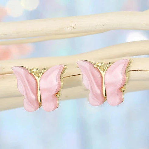 Gold Tone Pink Stone Butterfly Earring Studs E114