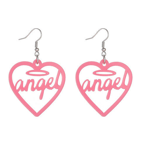 Acrylic Pink Angel Heart Large Earrings E12